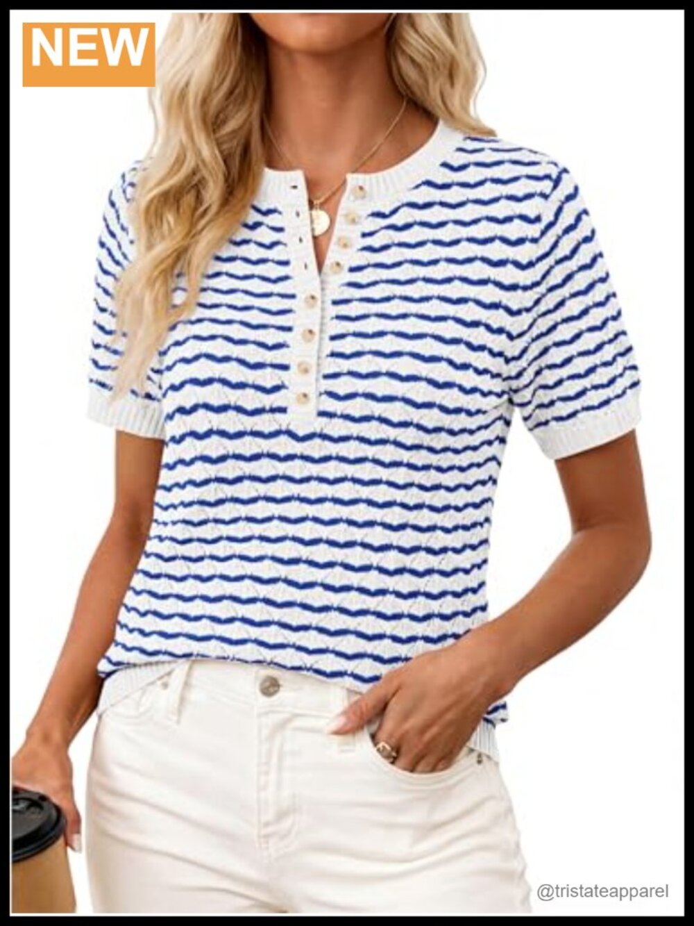 Womens Knit Summer Top Button Short Sleeve Sweater Casual Crewneck Chevron